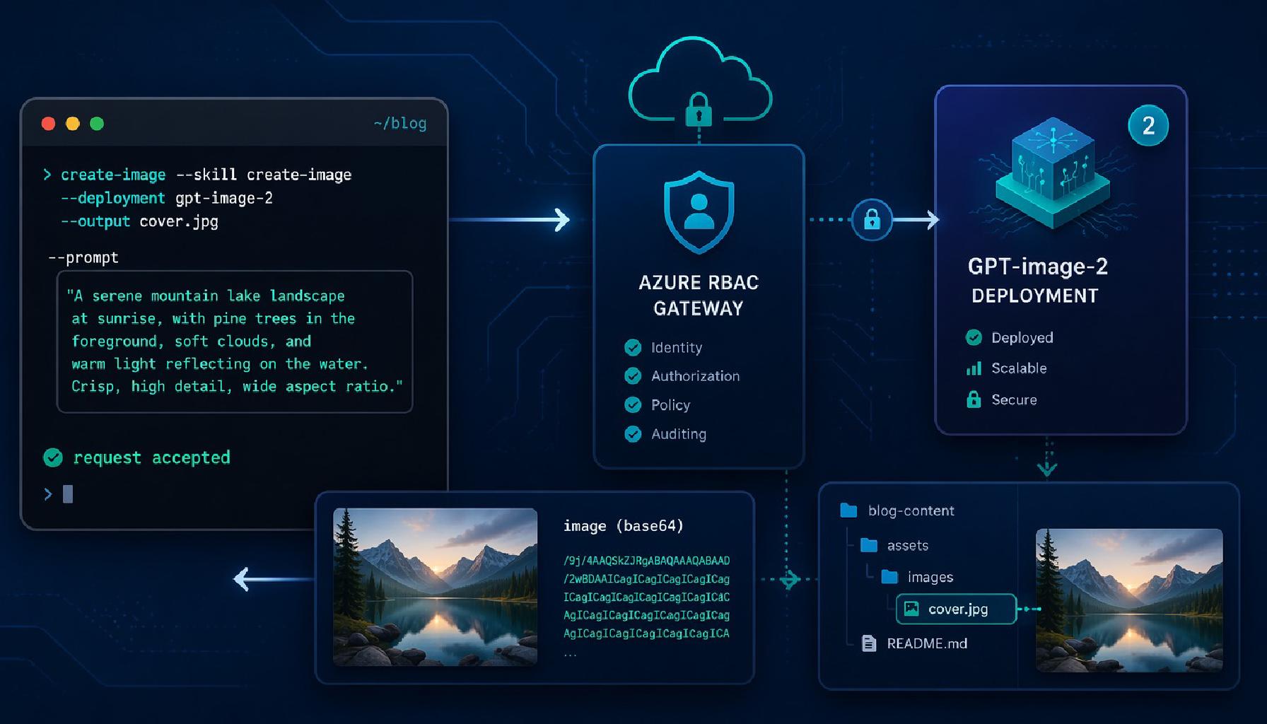 Use create-image with Azure OpenAI GPT-image-2, RBAC, prompt settings, and base64 output for development visuals.