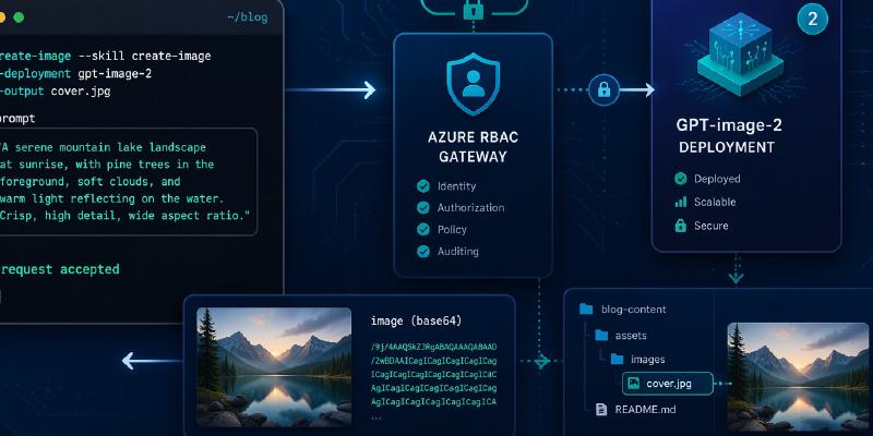 Use create-image with Azure OpenAI GPT-image-2, RBAC, prompt settings, and base64 output for development visuals.